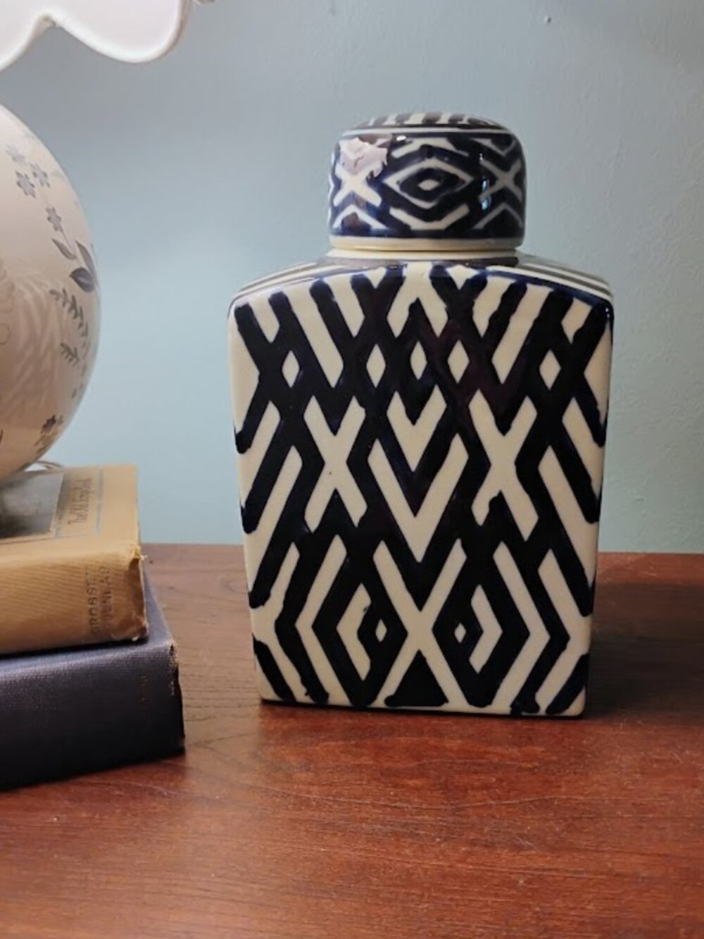 A&B Home Carlyle Blue Geometric Ceramic Rectangular Lidded Jar Accent